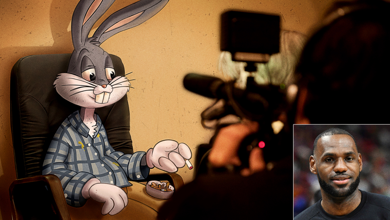 Bugs Bunny reveals how LeBron James found him passed out in his rabbit hole, surrounded by a pile of half-eaten carrots and empty jugs labeled “XXX.”